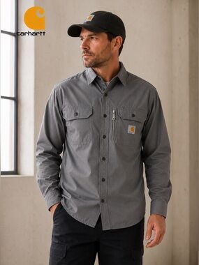Carhartt Rugged Flex Work Shirt Gray Ripstop Button Front Men’s Medium